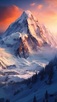 Majestic winter landscape featuring towering snow-capped mountains. 