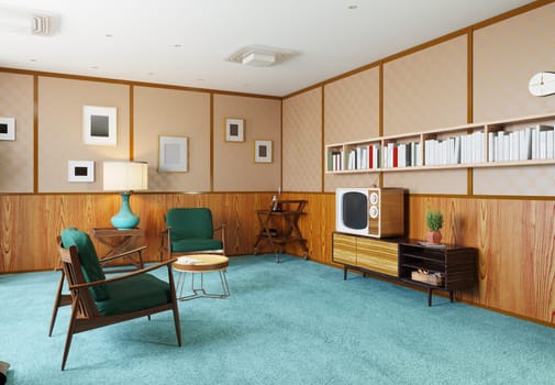 Retro living room with vintage furniture and decor. 3D rendering