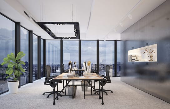 Modern office with panoramic city views and workstations. 3D render