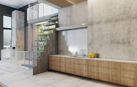 Minimalist kitchen with industrial design and open space. 3d render