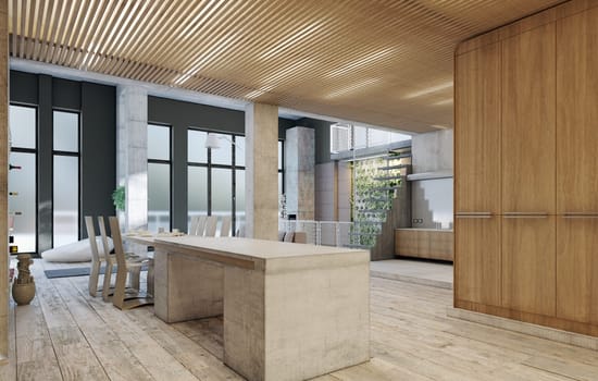 Interior of modern house with wooden and concrete walls, wooden floor, white reception desk and meeting room. 3d rendering