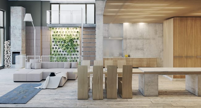 Modern loft with open spaces and industrial design.. 3d rendering