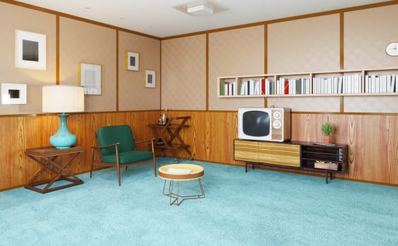 Retro living room with vintage furniture and decor. 3D rendering