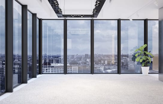 Empty room with panoramic windows and city view. 3D Rendering