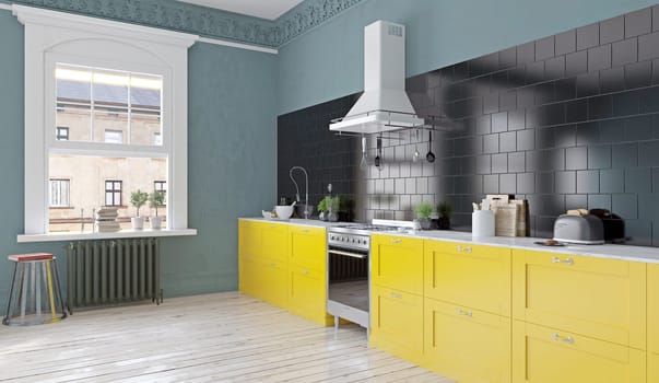 Modern kitchen with yellow cabinets and black backsplash.3D rendering