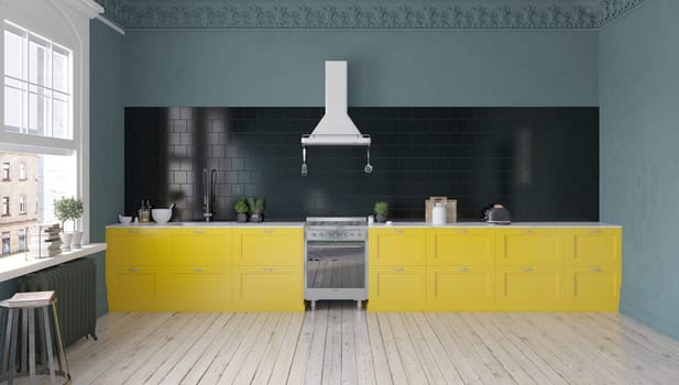 Modern kitchen with yellow cabinets and black backsplash.3D rendering