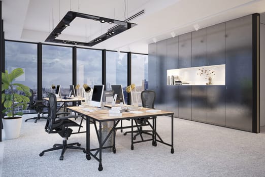 Modern office with panoramic city views and workstations. 3D render