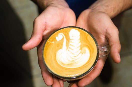 Barista hands showing coffee art, swan figure, latte art