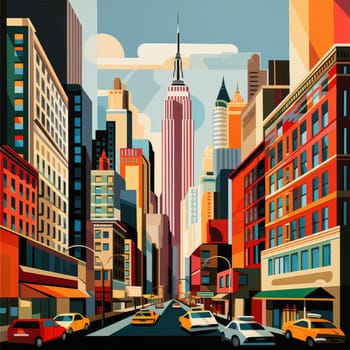 Abstract New York. Image of a metropolis with skyscrapers in vector pop art style. Template for sticker, poster, t-shirt print, etc.