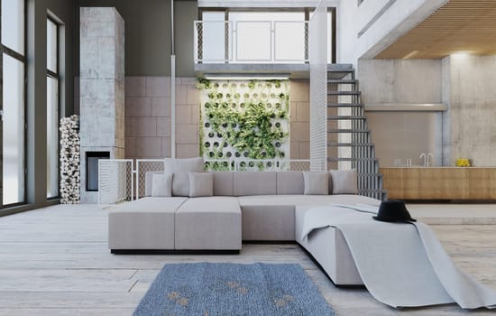 Modern loft with open spaces and industrial design.. 3d rendering