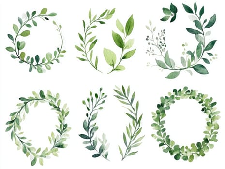 Elegant watercolor greenery foliage frames for nature-themed designs and invitations.