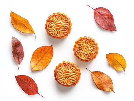 Ultra realistic autumn festival display with mooncakes and colorful fall leaves.