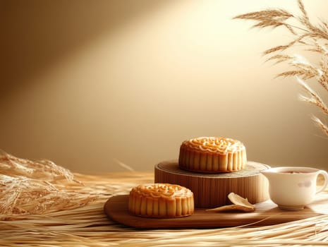 Ultra realistic image of autumn festival mooncakes and tea in warm light.