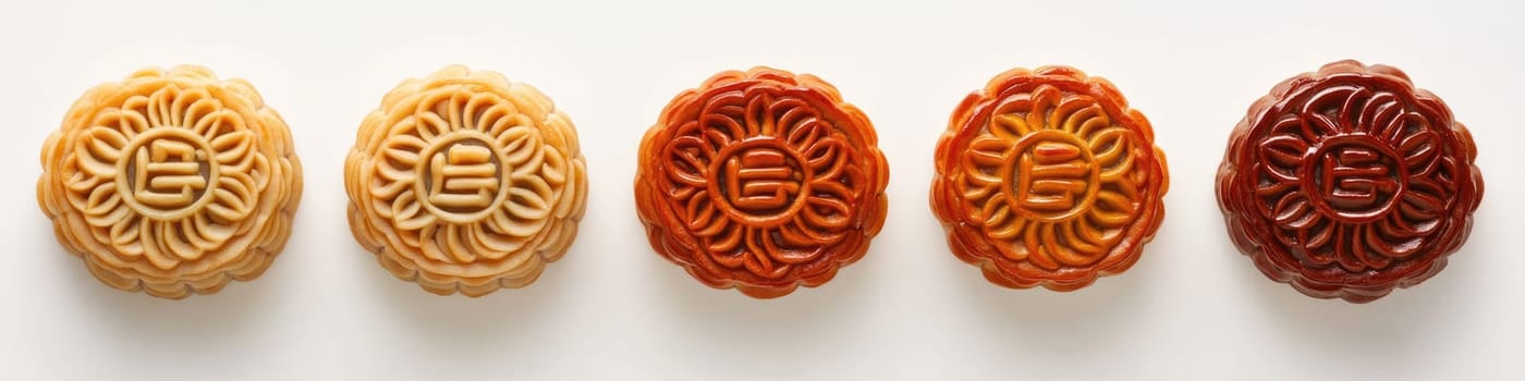 Ultra realistic autumn festival mooncakes displayed in a row for holiday celebration.