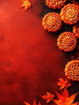 Autumn festival celebration with traditional mooncakes and autumn leaves design.
