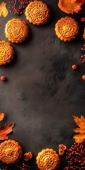 Autumn festival celebration with mooncakes and autumn leaves for seasonal decor.