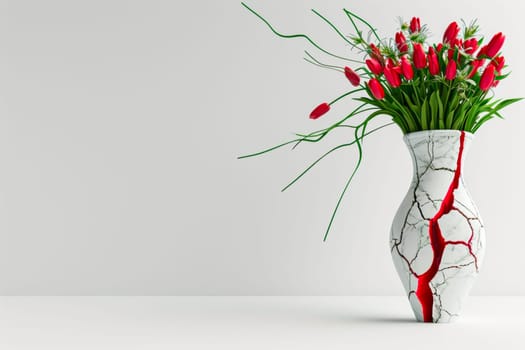 This beautifully cracked alabaster vase, resembling a stone sculpture, holds red tulips with unopened buds and green leaves. The striking black cracks reveal a red interior, creating an artistic, weathered look.