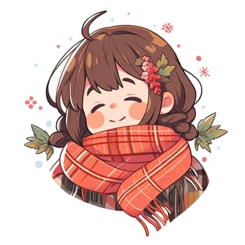 A cheerful cartoon girl with dark hair and a pink scarf beams happily, exuding warmth and joy. She is surrounded by soft, heart-shaped accents, perfect for winter cheer.