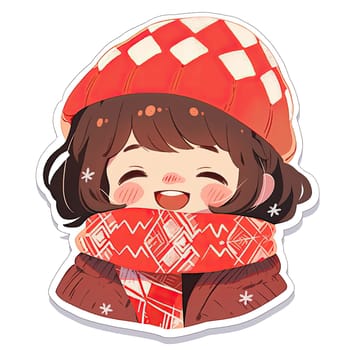 A cheerful cartoon girl with dark hair and a pink scarf beams happily, exuding warmth and joy. She is surrounded by soft, heart-shaped accents, perfect for winter cheer.