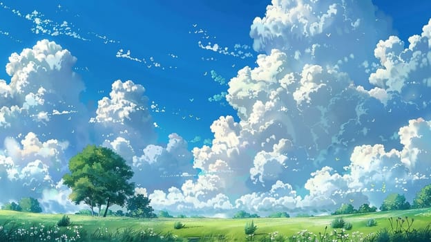 Anime style illustration: dramatic sky with the clouds, landscape scene with green meadow and grass. ai generated