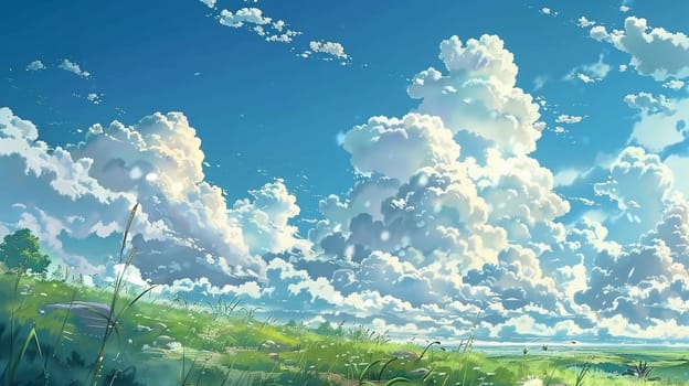 Anime style illustration: dramatic sky with the clouds, landscape scene with green meadow and grass. ai generated