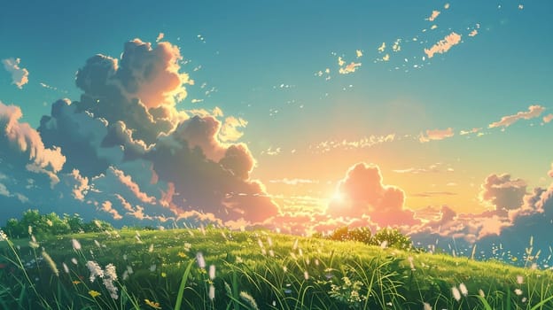 Anime style illustration: dramatic sky with the clouds, landscape scene with green meadow and grass. ai generated