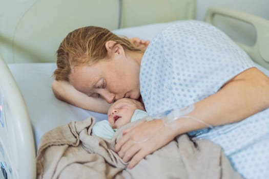 A baby lies with the mother after childbirth, resting peacefully. The serene moment captures the bond between mother and child as they begin their journey together. The hospital environment ensures a safe and comforting space for this intimate interaction.