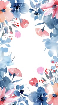 Watercolor floral painted pattern frame with the empty space for design. Elegant flowers and leaves. AI generating
