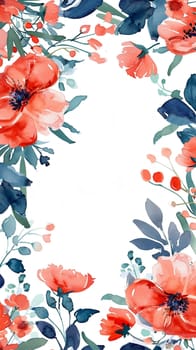 Watercolor floral painted pattern frame with the empty space for design. Elegant flowers and leaves. AI generating