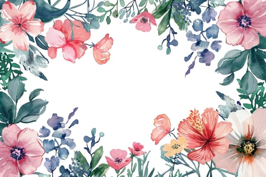 Watercolor floral painted pattern frame with the empty space for design. Elegant flowers and leaves. AI generating