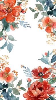 Watercolor floral painted pattern frame with the empty space for design. Elegant flowers and leaves. AI generating