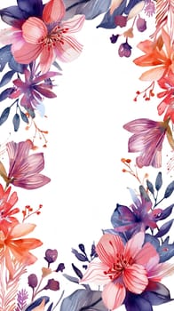Watercolor floral painted pattern frame with the empty space for design. Elegant flowers and leaves. AI generating