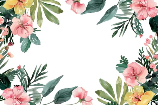 Watercolor floral painted pattern frame with the empty space for design. Elegant flowers and leaves. AI generating