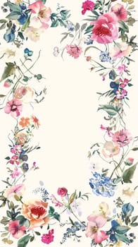 Watercolor floral painted pattern frame with the empty space for design. Elegant flowers and leaves. AI generating