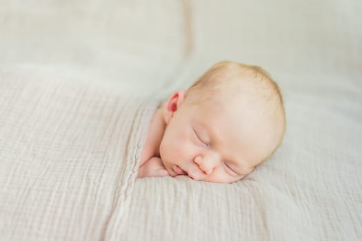 The baby is sleeping peacefully in his cozy nest. Newborn photo session captures the serene innocence and warmth of early moments.