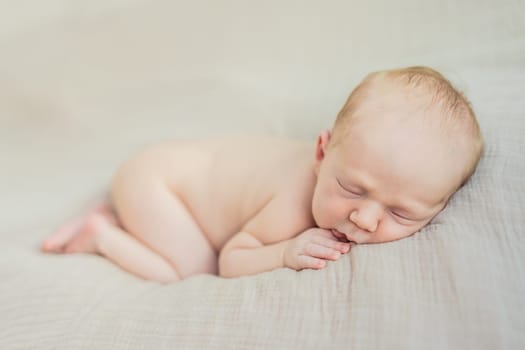 The baby is sleeping peacefully in his cozy nest. Newborn photo session captures the serene innocence and warmth of early moments.