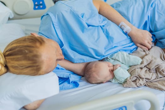 A baby lies with the mother after childbirth, resting peacefully. The serene moment captures the bond between mother and child as they begin their journey together. The hospital environment ensures a safe and comforting space for this intimate interaction.