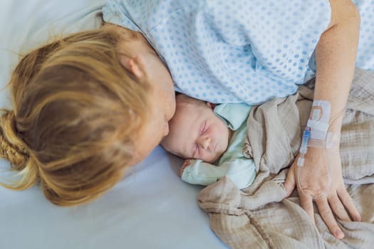 A baby lies with the mother after childbirth, resting peacefully. The serene moment captures the bond between mother and child as they begin their journey together. The hospital environment ensures a safe and comforting space for this intimate interaction.