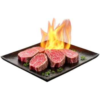 Kobe beef marbled slices searing teppanyaki style flames Food and Culinary concept. Food isolated on transparent background.