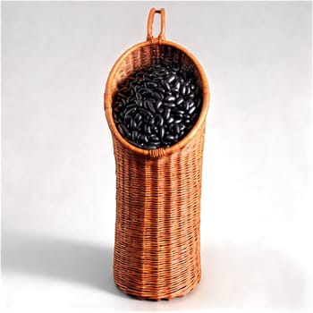 Black beans phaseolus vulgaris black dried and cooked swirling around vintage wicker basket misty air. Food isolated on transparent background.