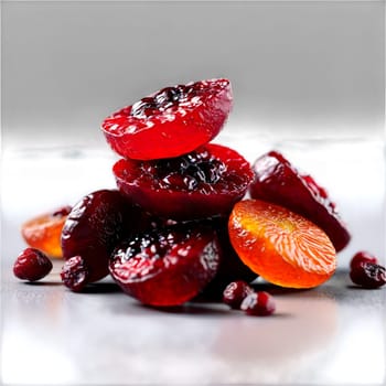 Dried cranberries rich red and glossy bouncing playfully off each other in a lively midair. Food isolated on transparent background.