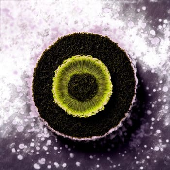 Nori mandala a briny arrangement of nori seaweed with powder crumbling and steam rising. Food isolated on transparent background.