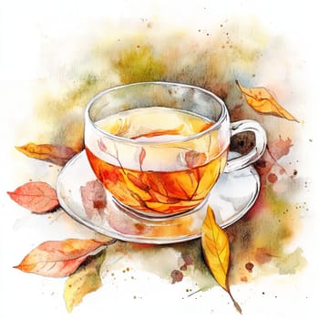 A clear glass cup filled with herbal tea sits surrounded by vibrant autumn leaves. This setting captures the essence of a warm, inviting afternoon, perfect for relaxation.