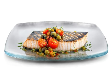 Grilled Swordfish with a Mediterranean salsa of olives and tomatoes served on a transparent glass. Food isolated on transparent background.