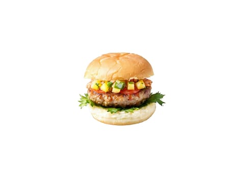 Slider with pineapple salsa mini burger with pineapple salsa grilled shrimp and cilantro. Food isolated on transparent background.