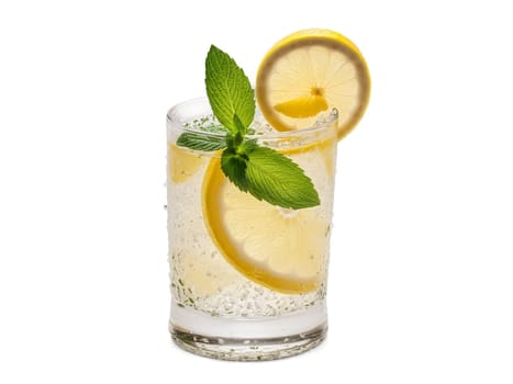 Beninese Sodabi in clear glass garnished with slice of lemon and sprig of mint. Drink isolated on transparent background.