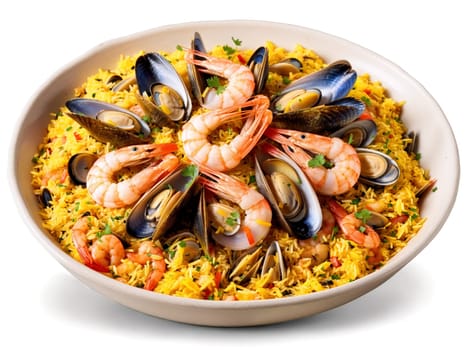 Seafood Paella vibrant saffron infused rice dish loaded with shrimp mussels clams and chunks. Food isolated on transparent background.