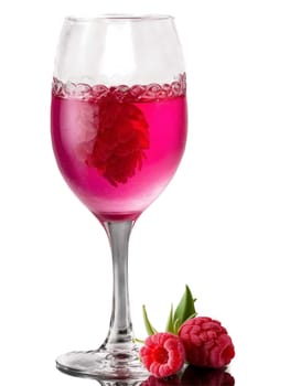 Belgian Framboise in tulip glass garnished with few fresh raspberries. Drink isolated on transparent background.