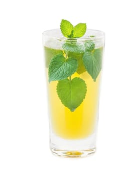 Lemon balm tea tall glass heart shaped leaves pale green liquid stress reducer. Drink isolated on transparent background.