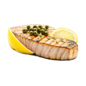 Swordfish steak grilled to perfection with crosshatch grill marks topped with a lemon caper sauce. Food isolated on transparent background